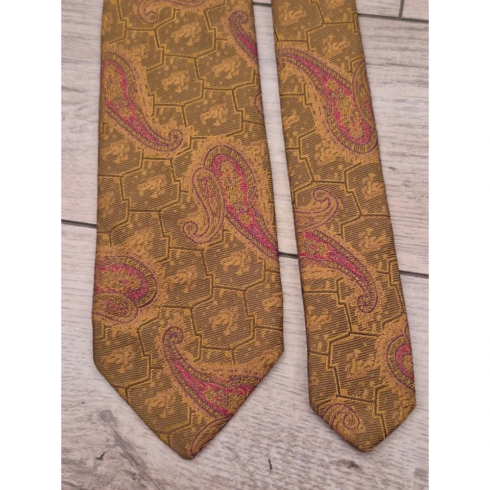 Paul Stuart Mens Gold Bronze Pink Paisley Geometric Italian Silk Necktie Tie